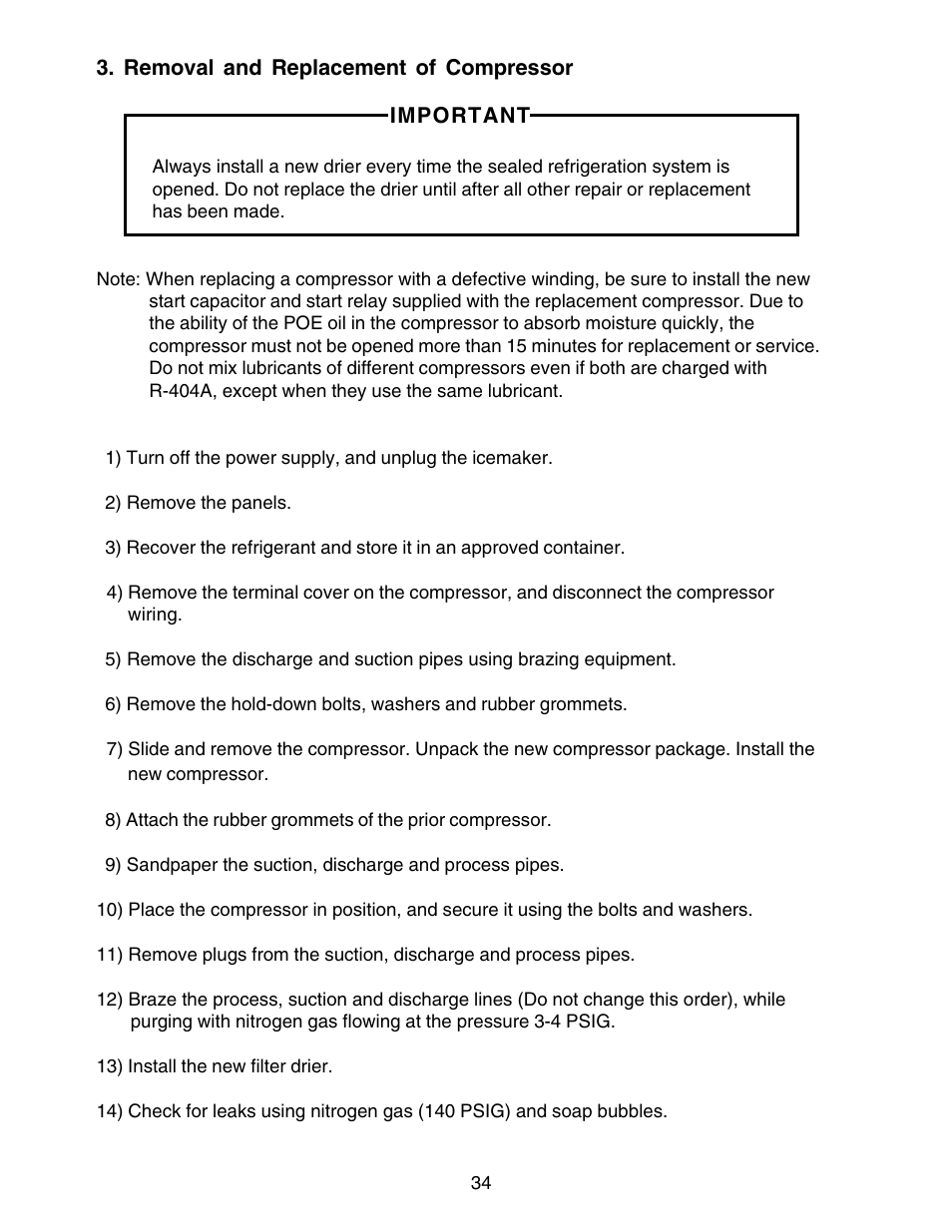 Removal and replacement of compressor | Hoshizaki KM-250BWF User Manual | Page 34 / 51