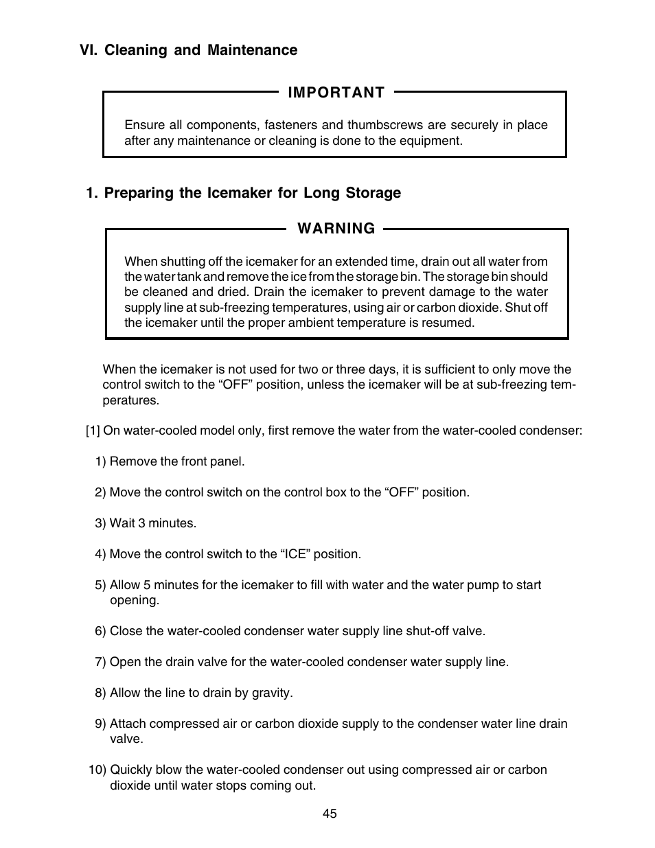 Vi. cleaning and maintenance, Preparing the icemaker for long storage | Hoshizaki KM-250BWF User Manual | Page 45 / 51