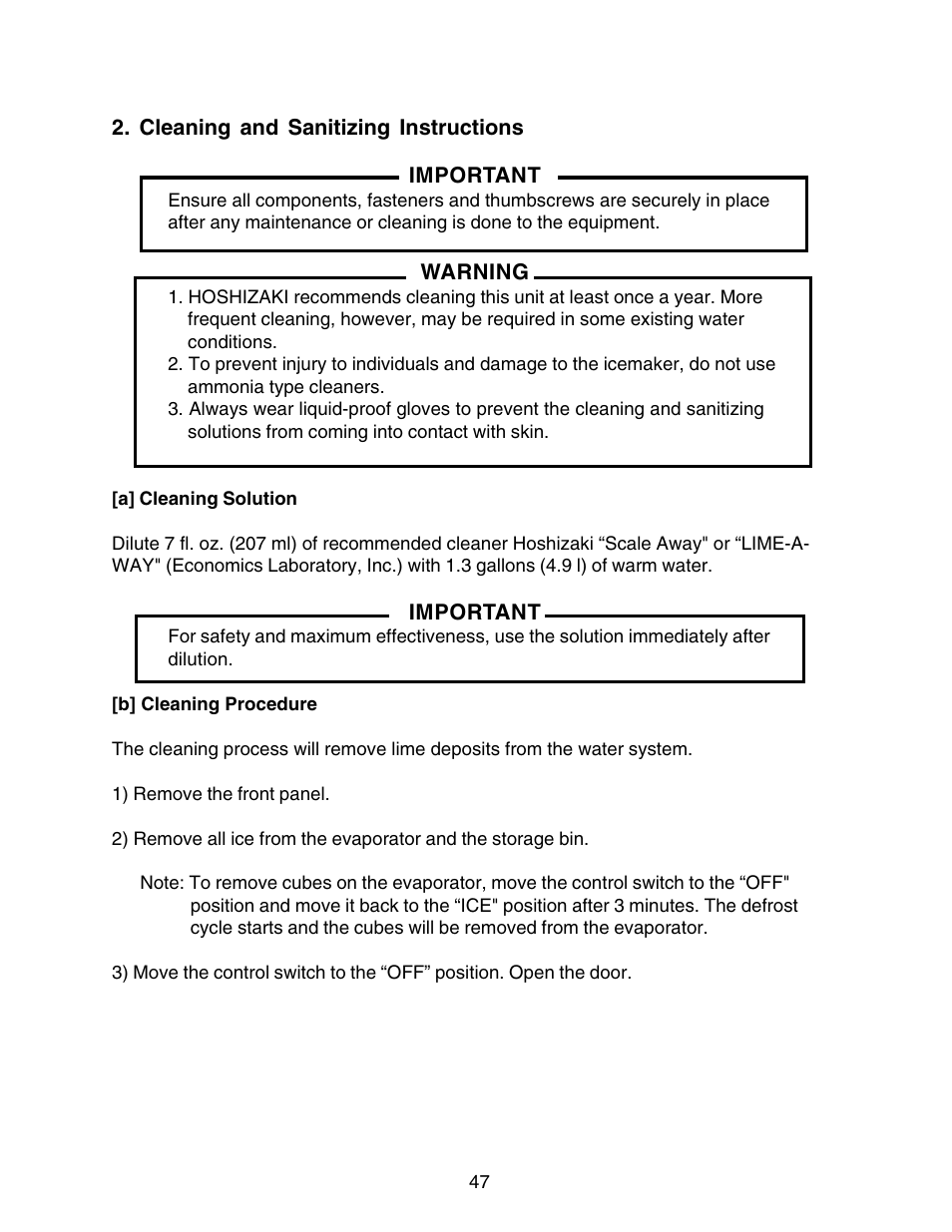 Cleaning and sanitizing instructions, A] cleaning solution, B] cleaning procedure | A] cleaning solution [b] cleaning procedure | Hoshizaki KM-250BWF User Manual | Page 47 / 51