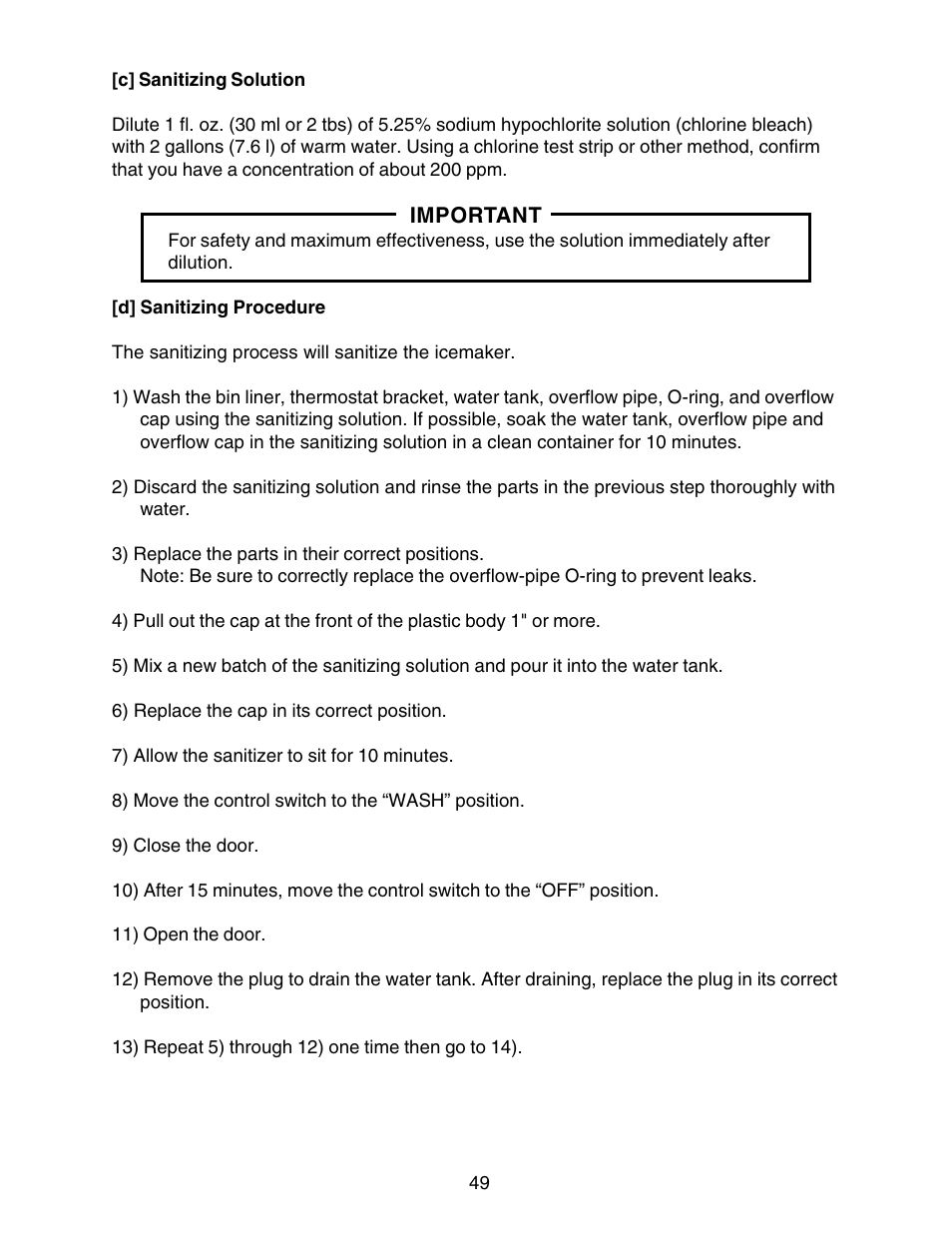 C] sanitizing solution, D] sanitizing procedure, C] sanitizing solution [d] sanitizing procedure | Hoshizaki KM-250BWF User Manual | Page 49 / 51