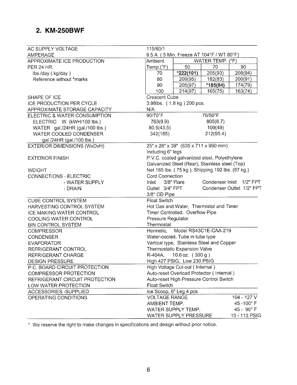 Km-250bwf | Hoshizaki KM-250BWF User Manual | Page 6 / 51