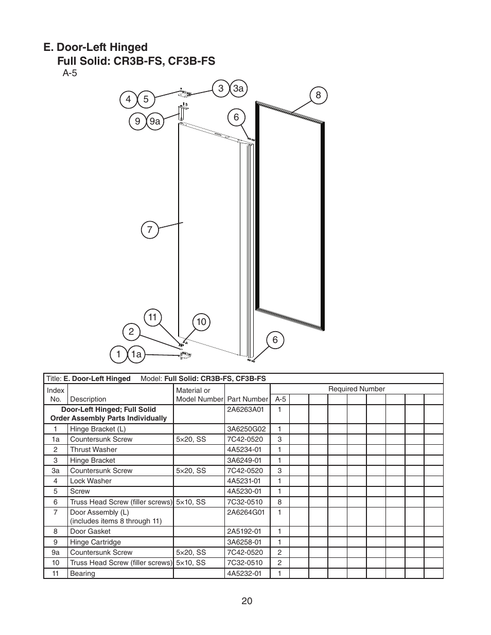 E. door-left hinged, Full solid: cr3b-fs, cf3b-fs, E. door-left hinged full solid: cr3b-fs, cf3b-fs | Hoshizaki CR3B-HS User Manual | Page 20 / 23