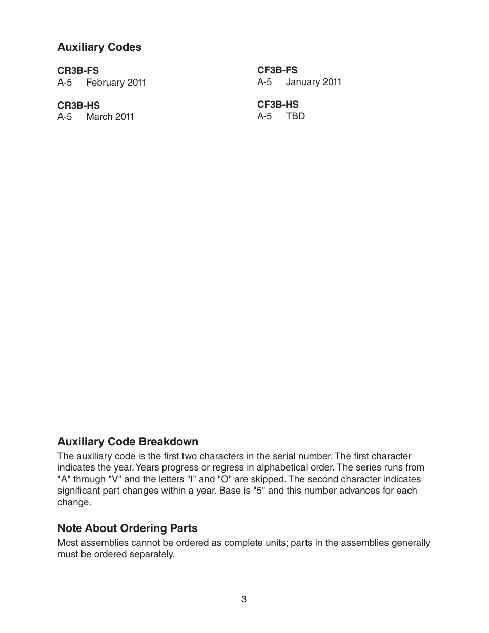 Auxiliary codes, Note about ordering parts, Auxiliary codes note about ordering parts | Hoshizaki CR3B-HS User Manual | Page 3 / 23