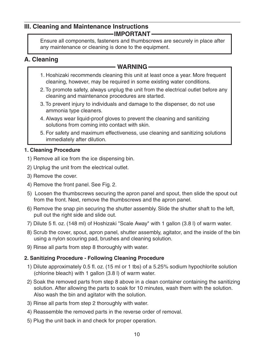 Iii. cleaning and maintenance instructions, A. cleaning, Cleaning procedure | Hoshizaki DM-200B User Manual | Page 10 / 13