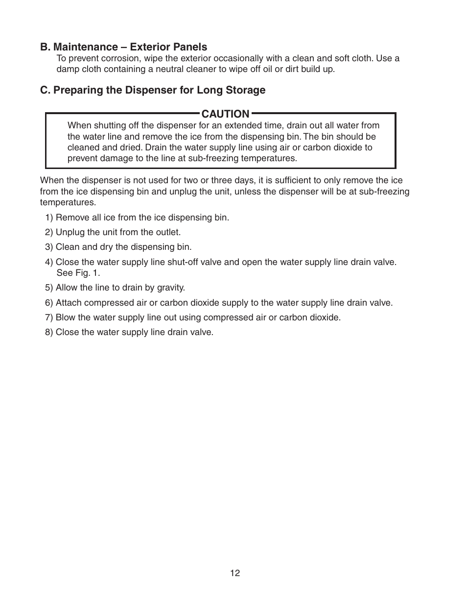 B. maintenance – exterior panels, C. preparing the dispenser for long storage | Hoshizaki DM-200B User Manual | Page 12 / 13