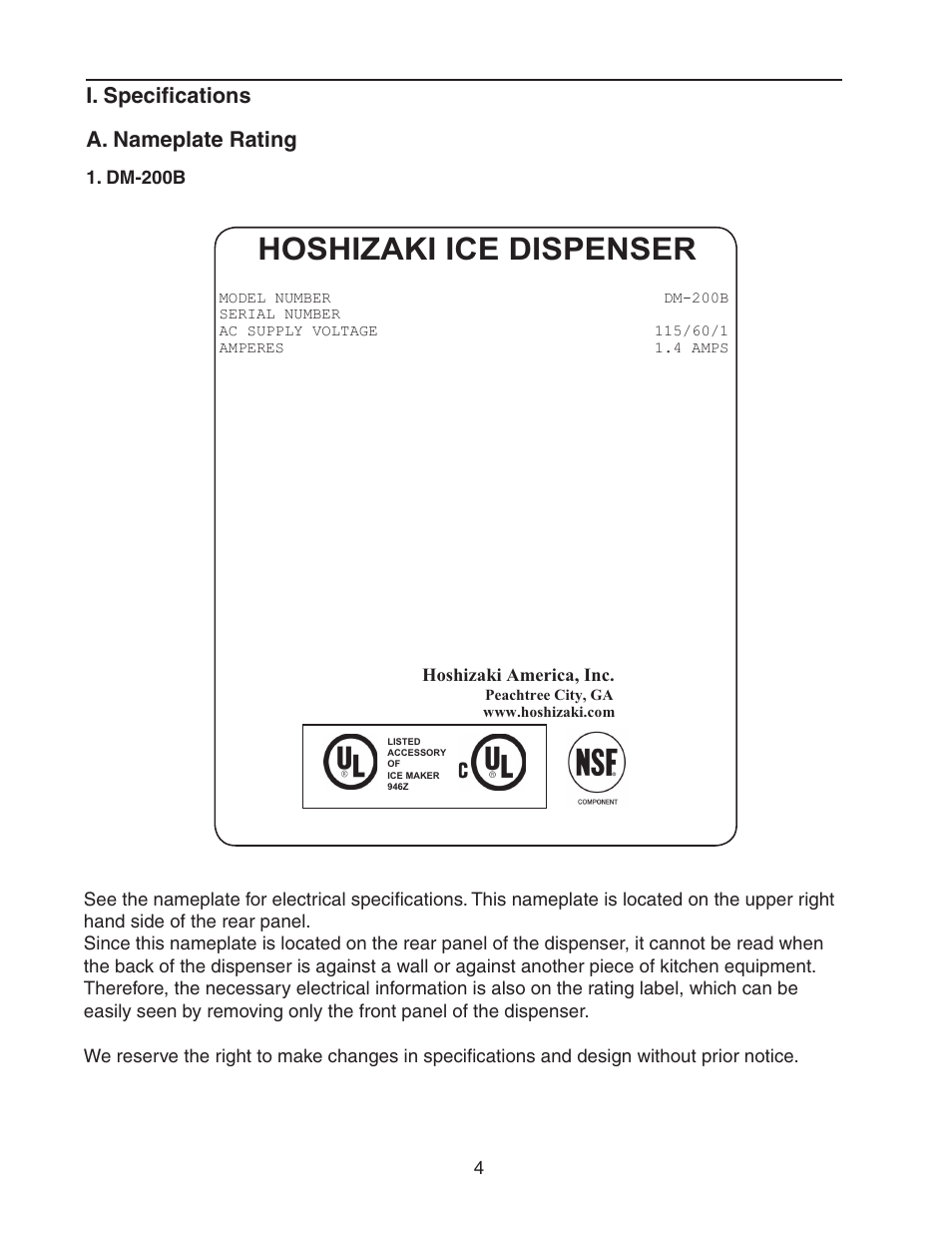 I. specifications, A. nameplate rating, Dm-200b | Hoshizaki ice dispenser, I. specifications a. nameplate rating | Hoshizaki DM-200B User Manual | Page 4 / 13