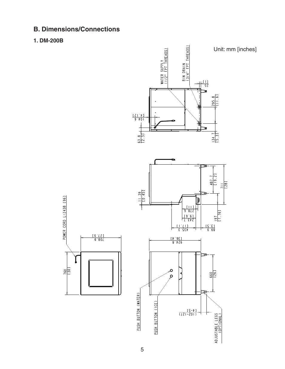 B. dimensions/connections, Dm-200b | Hoshizaki DM-200B User Manual | Page 5 / 13