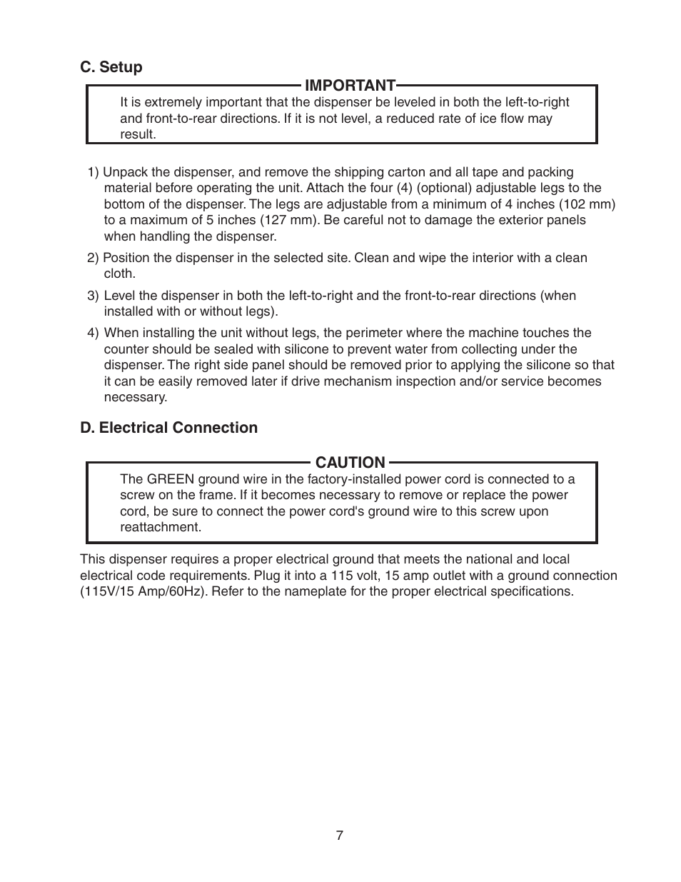 C. setup, D. electrical connection, C. setup d. electrical connection | Hoshizaki DM-200B User Manual | Page 7 / 13