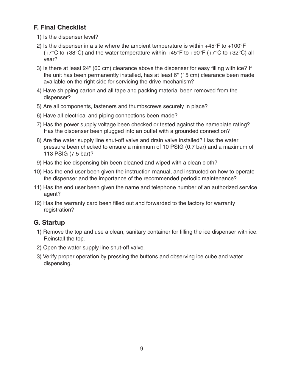 F. final checklist, G. startup, F. final checklist g. startup | Hoshizaki DM-200B User Manual | Page 9 / 13