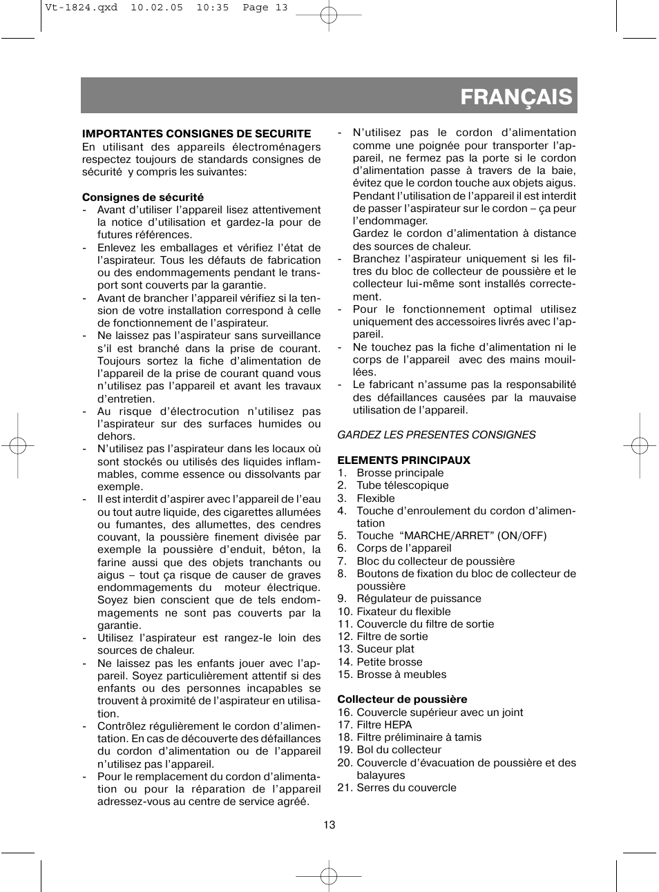 Français | Vitek VT-1824 OG User Manual | Page 13 / 44