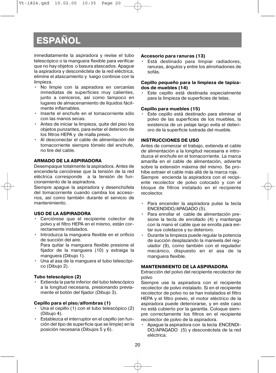 Español | Vitek VT-1824 OG User Manual | Page 20 / 44