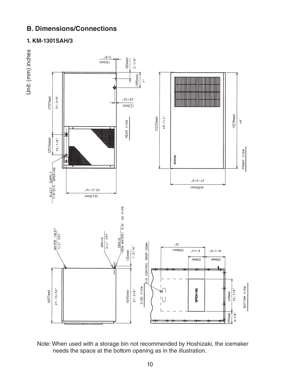 B. dimensions/connections, Km-1301sah/3 | Hoshizaki KM-1301SWH/3 User Manual | Page 10 / 34