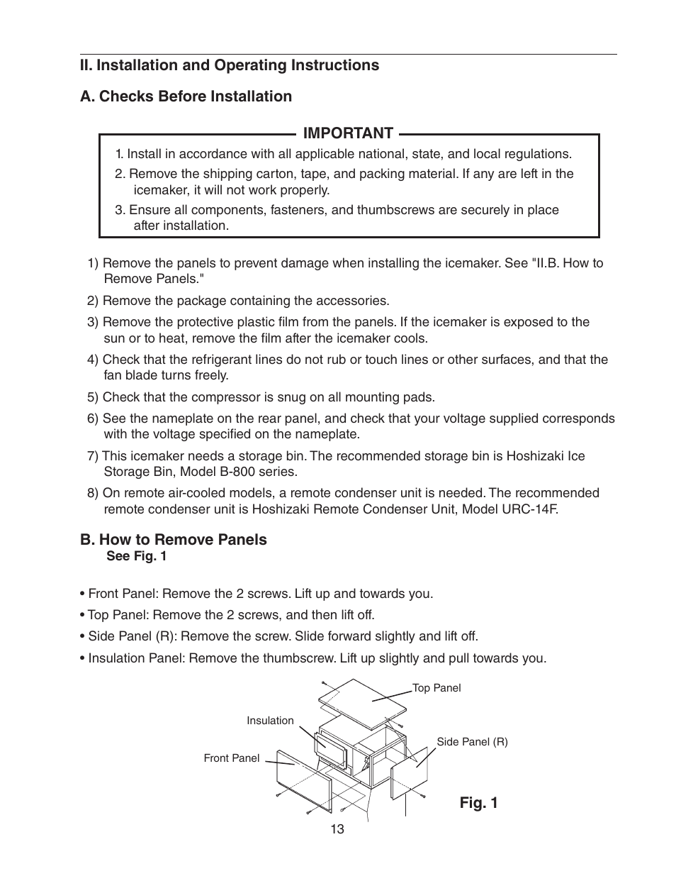 Ii. installation and operating instructions, A. checks before installation, B. how to remove panels | Hoshizaki KM-1301SWH/3 User Manual | Page 13 / 34