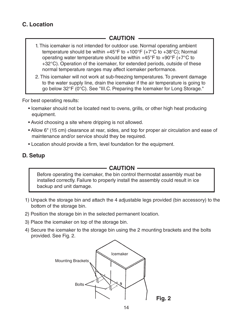 C. location, D. setup, C. location d. setup | Hoshizaki KM-1301SWH/3 User Manual | Page 14 / 34