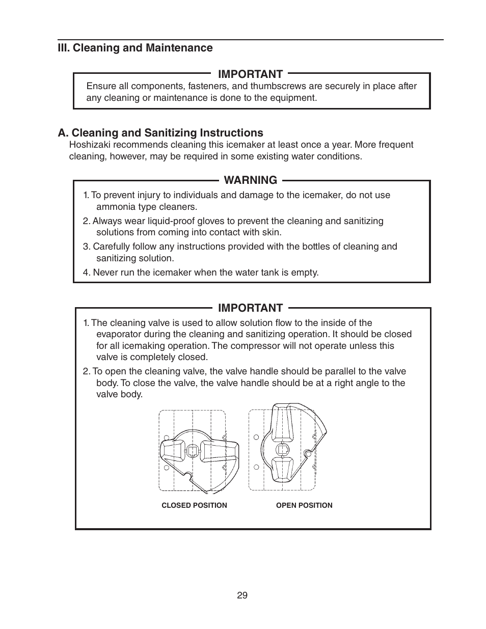 Iii. cleaning and maintenance, A. cleaning and sanitizing instructions | Hoshizaki KM-1301SWH/3 User Manual | Page 29 / 34