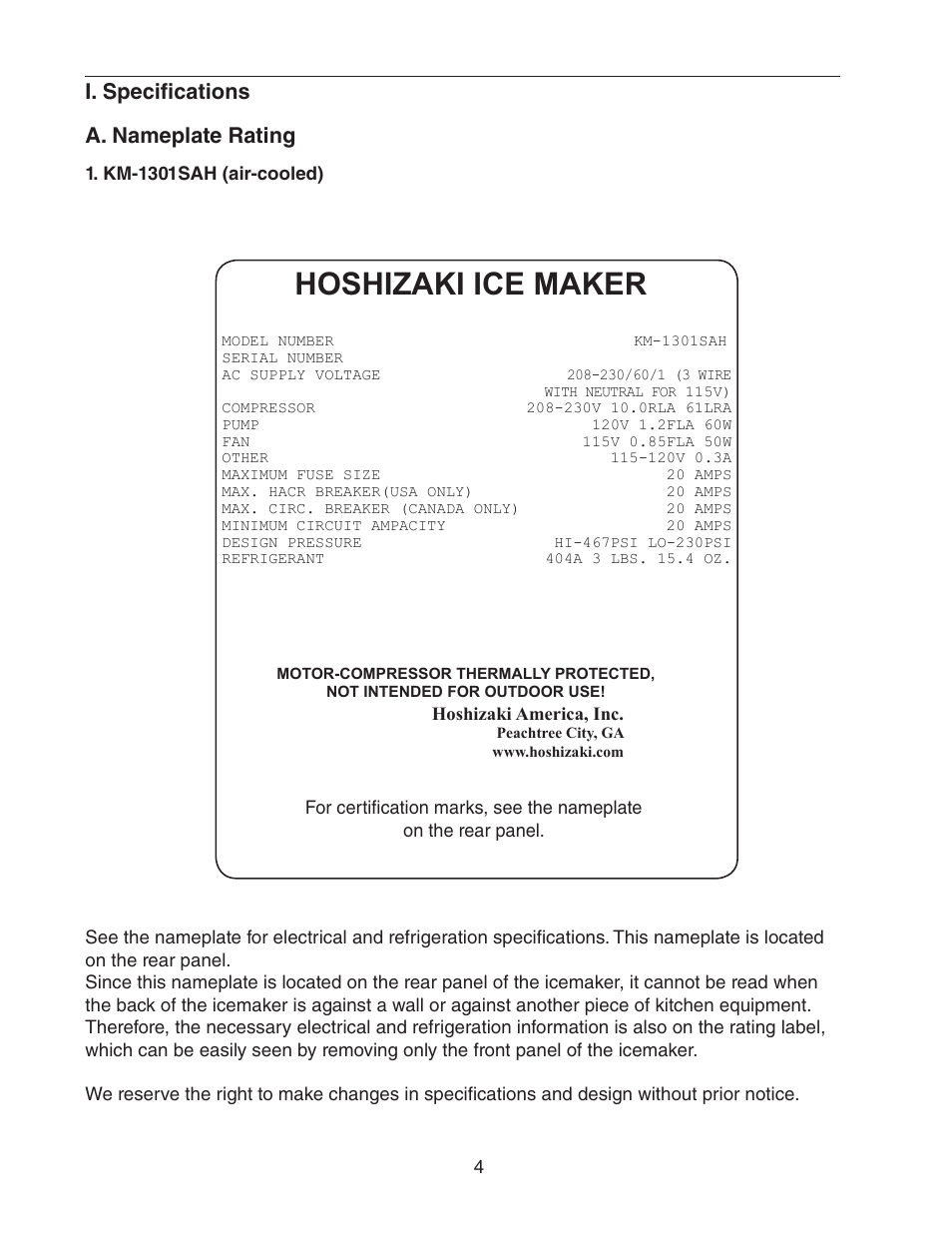 I. specifications, A. nameplate rating, Km-1301sah (air-cooled) | Hoshizaki ice maker, I. specifications a. nameplate rating | Hoshizaki KM-1301SWH/3 User Manual | Page 4 / 34