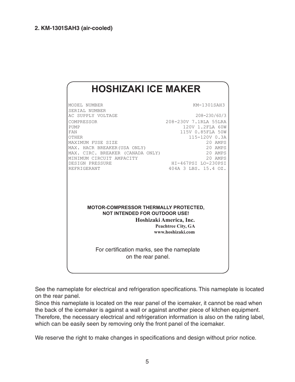 Km-1301sah3 (air-cooled), Hoshizaki ice maker | Hoshizaki KM-1301SWH/3 User Manual | Page 5 / 34