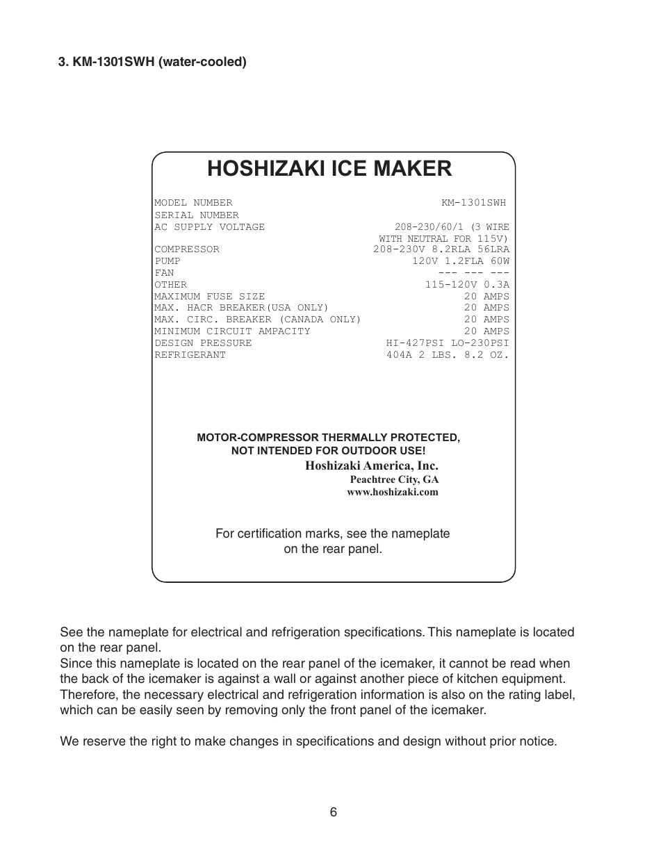 Km-1301swh (water-cooled), Hoshizaki ice maker | Hoshizaki KM-1301SWH/3 User Manual | Page 6 / 34
