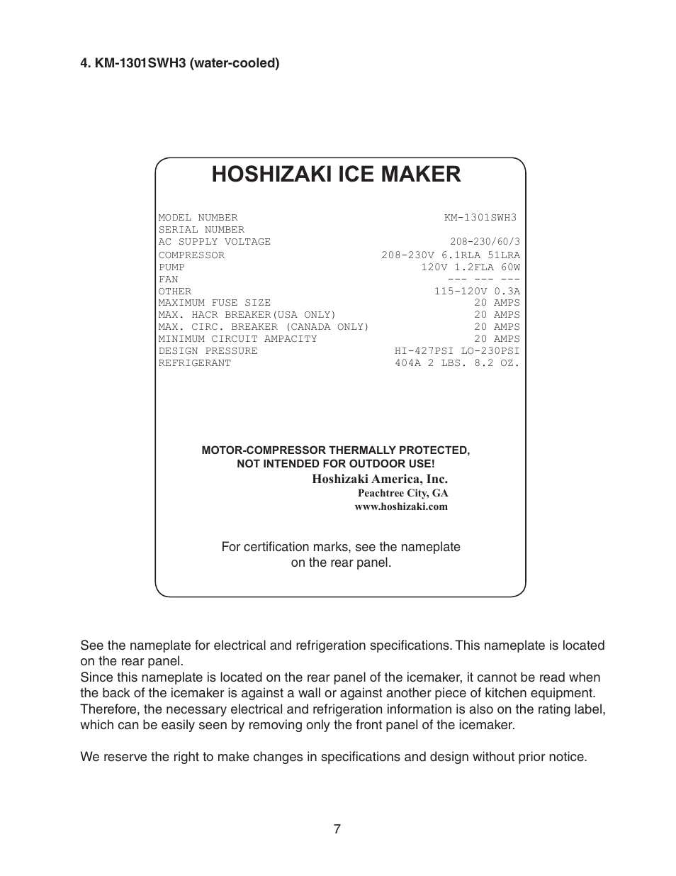 Km-1301swh3 (water-cooled), Hoshizaki ice maker | Hoshizaki KM-1301SWH/3 User Manual | Page 7 / 34