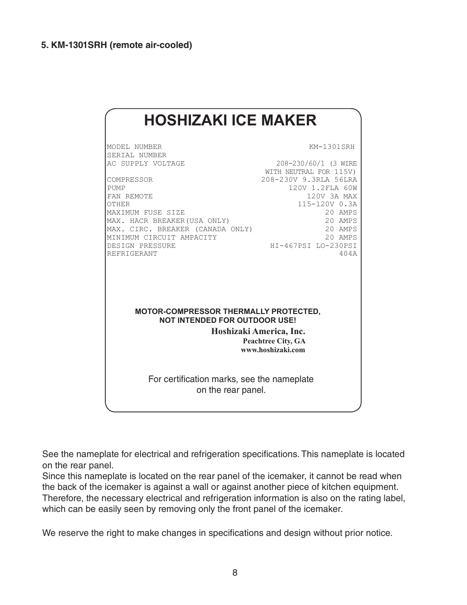 Km-1301srh (remote air-cooled), Hoshizaki ice maker | Hoshizaki KM-1301SWH/3 User Manual | Page 8 / 34