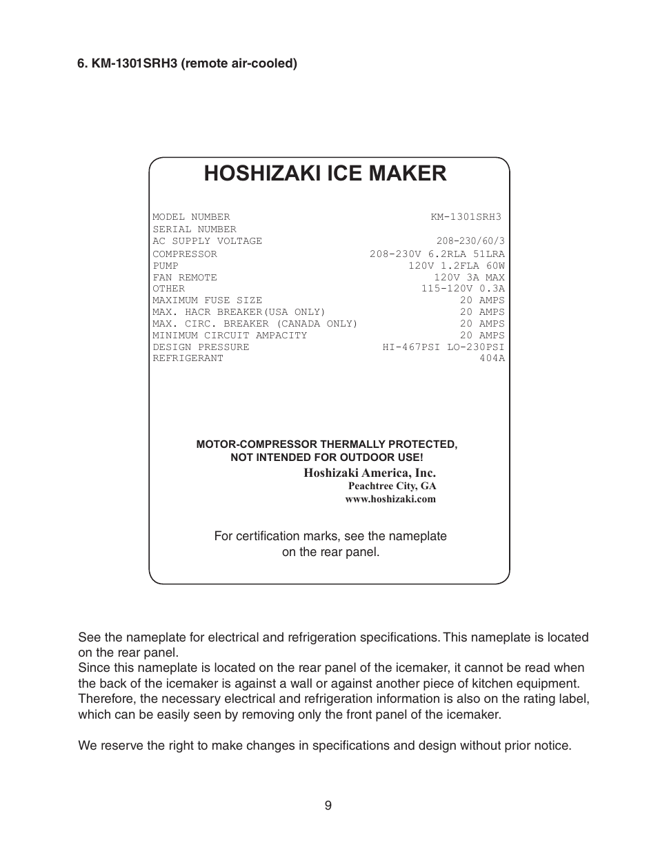 Km-1301srh3 (remote air-cooled), Hoshizaki ice maker | Hoshizaki KM-1301SWH/3 User Manual | Page 9 / 34