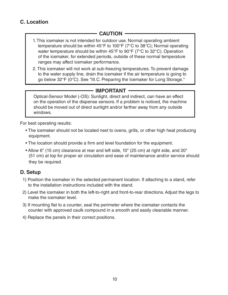 C. location, D. setup, C. location d. setup | Hoshizaki DCM-270BAH-OS User Manual | Page 10 / 23