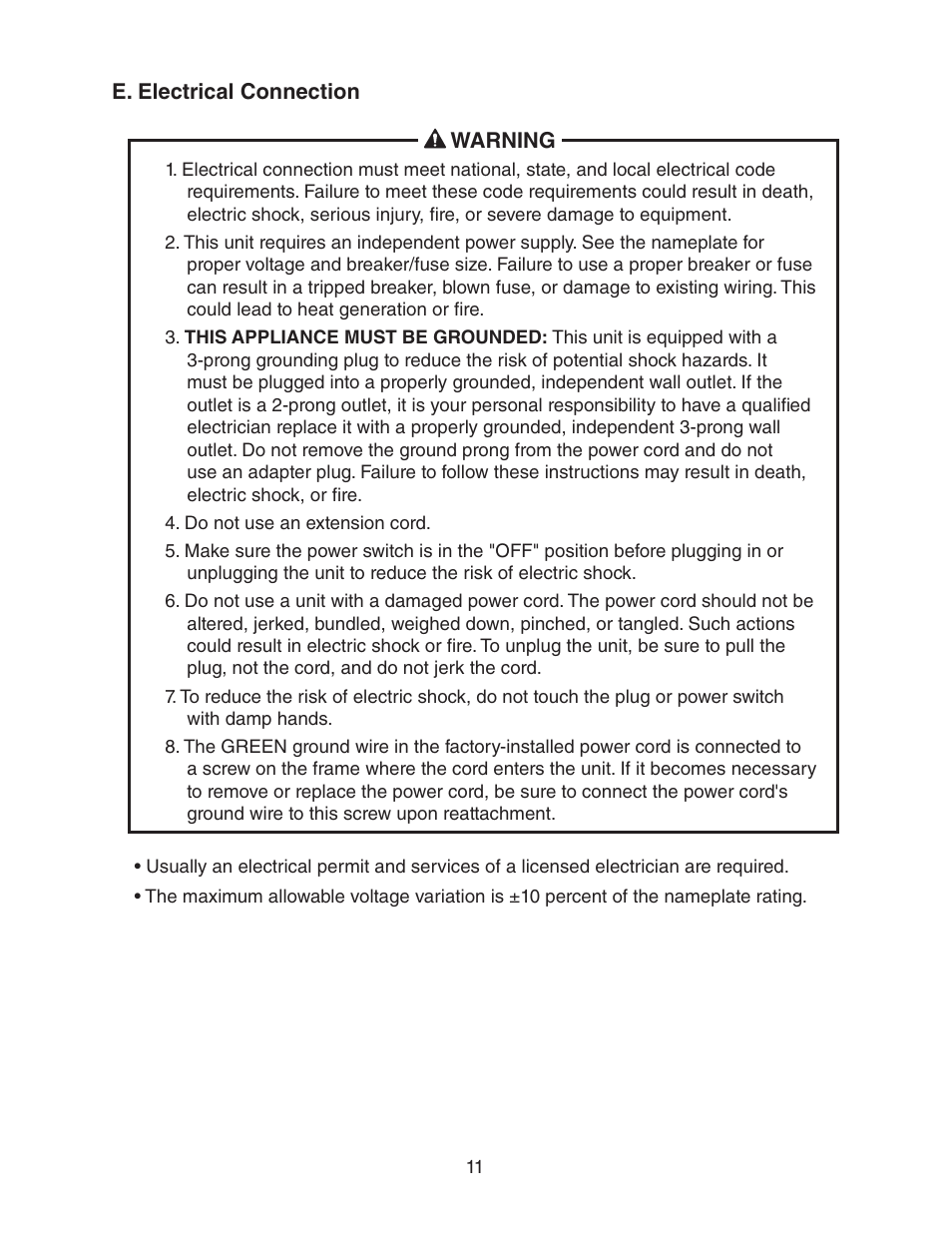 E. electrical connection | Hoshizaki DCM-270BAH-OS User Manual | Page 11 / 23