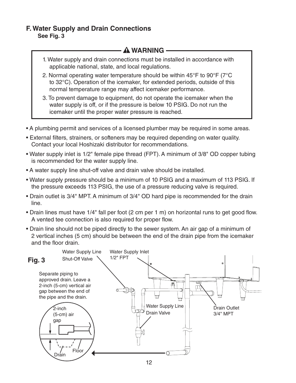 F. water supply and drain connections, Fig. 3, Warning | Hoshizaki DCM-270BAH-OS User Manual | Page 12 / 23