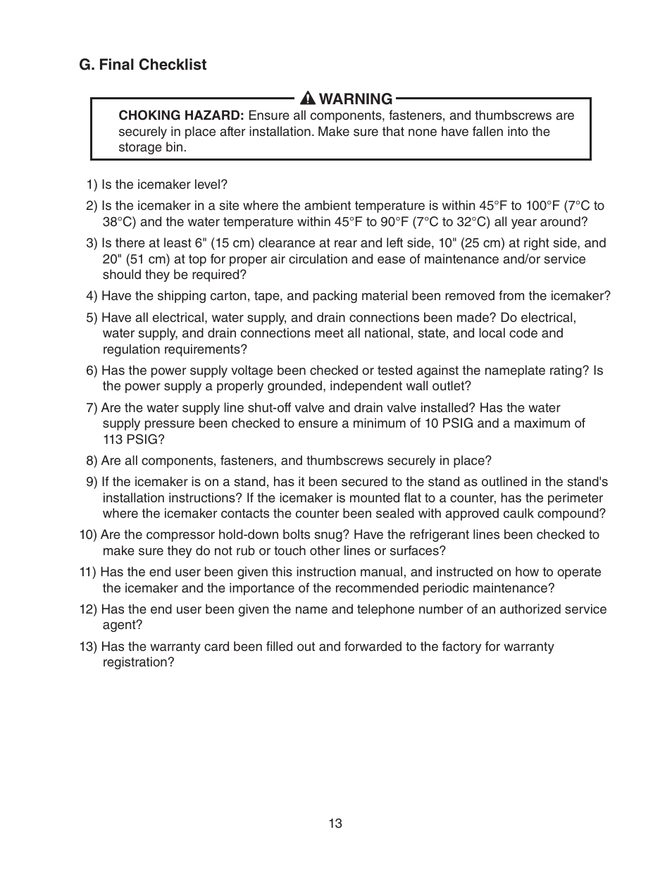 G. final checklist | Hoshizaki DCM-270BAH-OS User Manual | Page 13 / 23