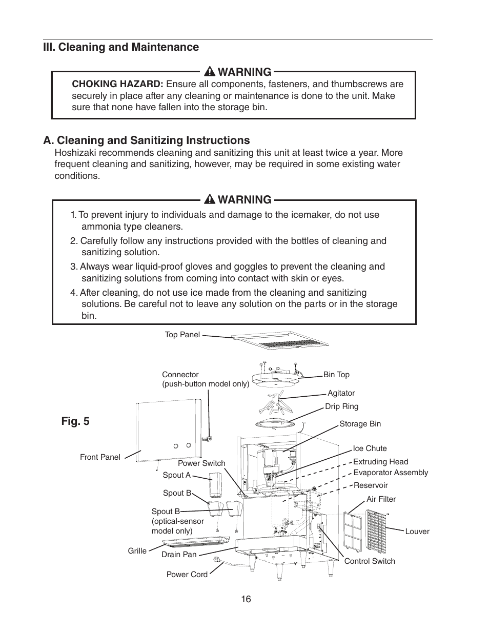 Iii. cleaning and maintenance, A. cleaning and sanitizing instructions, Iii. cleaning and maintenance warning | Warning, Fig. 5 | Hoshizaki DCM-270BAH-OS User Manual | Page 16 / 23