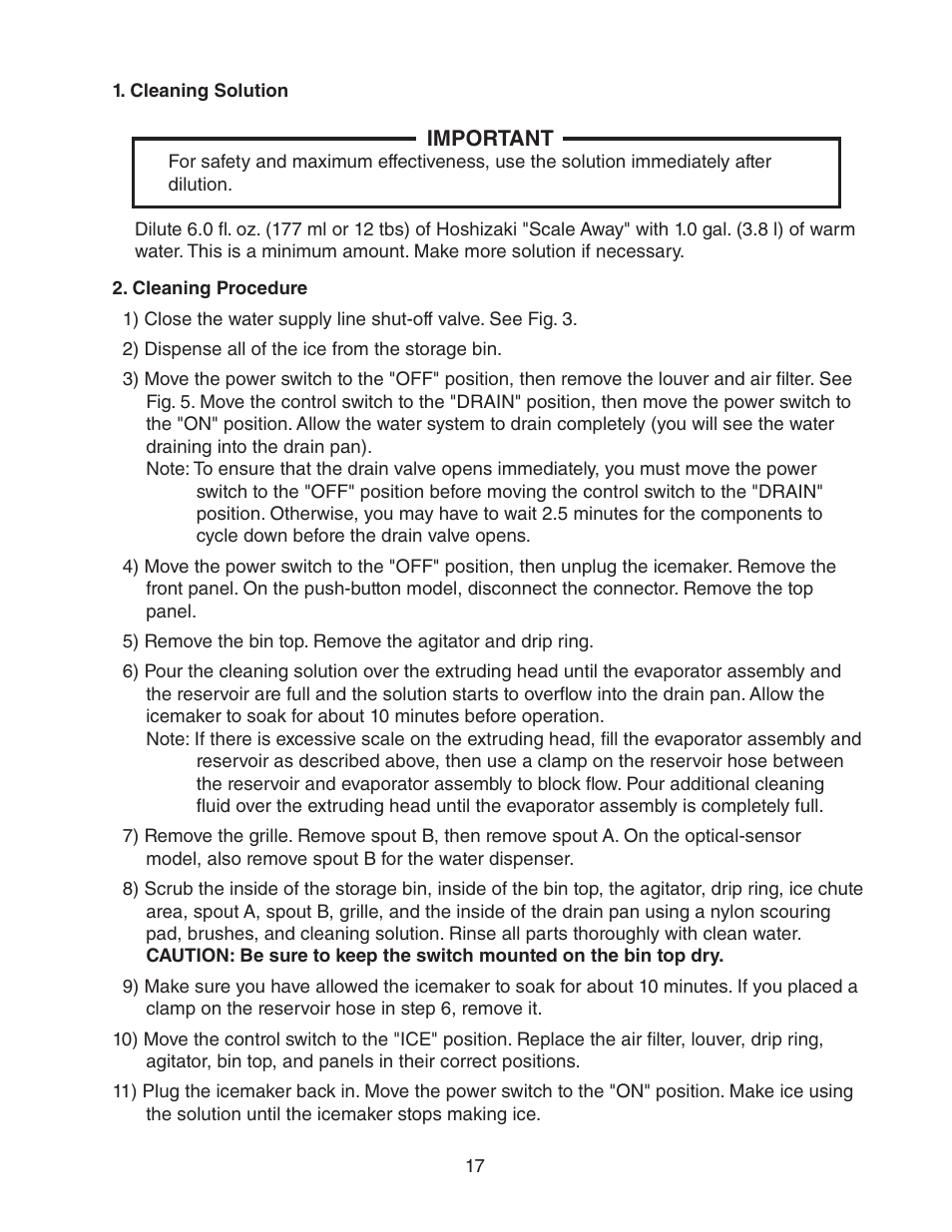 Cleaning solution, Cleaning procedure, Cleaning solution 2. cleaning procedure | Hoshizaki DCM-270BAH-OS User Manual | Page 17 / 23