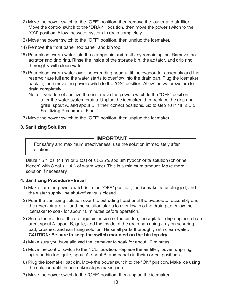 Sanitizing solution, Sanitizing procedure - initial | Hoshizaki DCM-270BAH-OS User Manual | Page 18 / 23