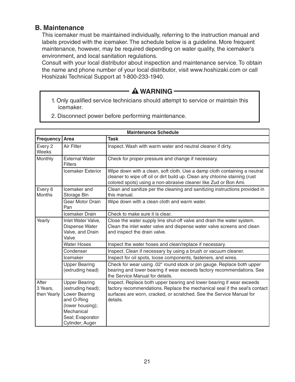 B. maintenance, Warning | Hoshizaki DCM-270BAH-OS User Manual | Page 21 / 23