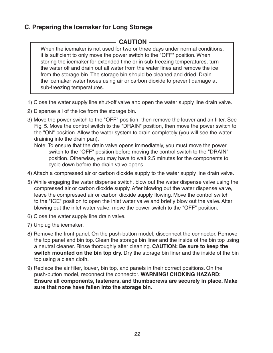 C. preparing the icemaker for long storage | Hoshizaki DCM-270BAH-OS User Manual | Page 22 / 23