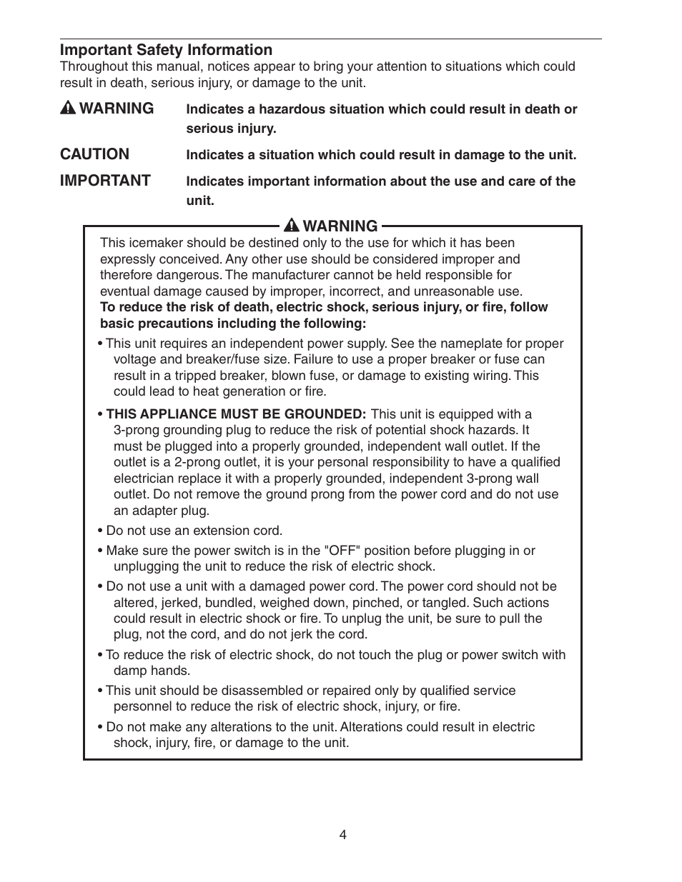 Important safety information | Hoshizaki DCM-270BAH-OS User Manual | Page 4 / 23