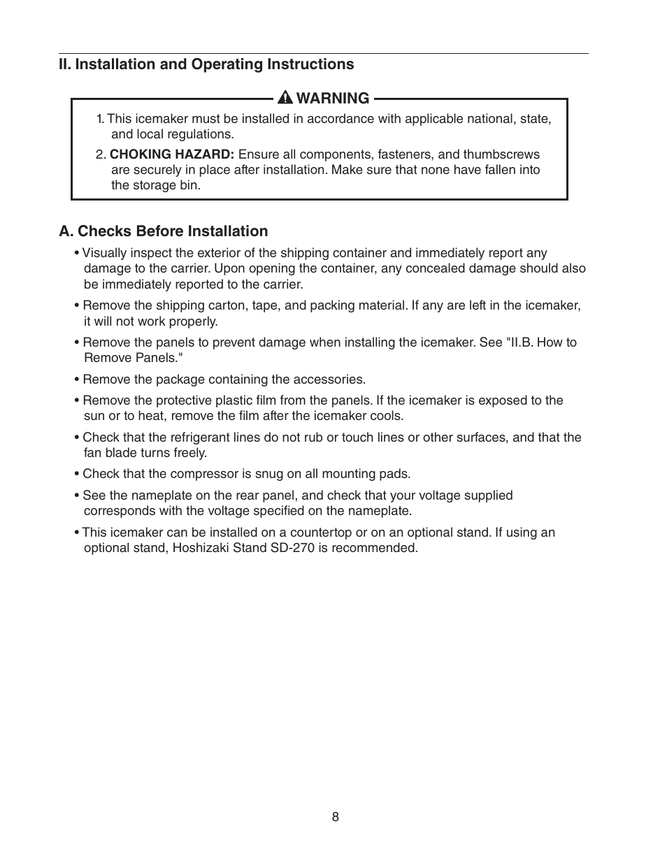 Ii. installation instructions, A. checks before installation | Hoshizaki DCM-270BAH-OS User Manual | Page 8 / 23