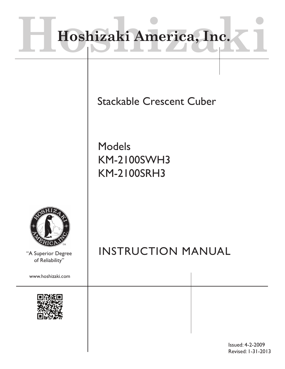 Hoshizaki STACKABLE CRESCENT CUBER KM-2100SWH3 User Manual | 32 pages