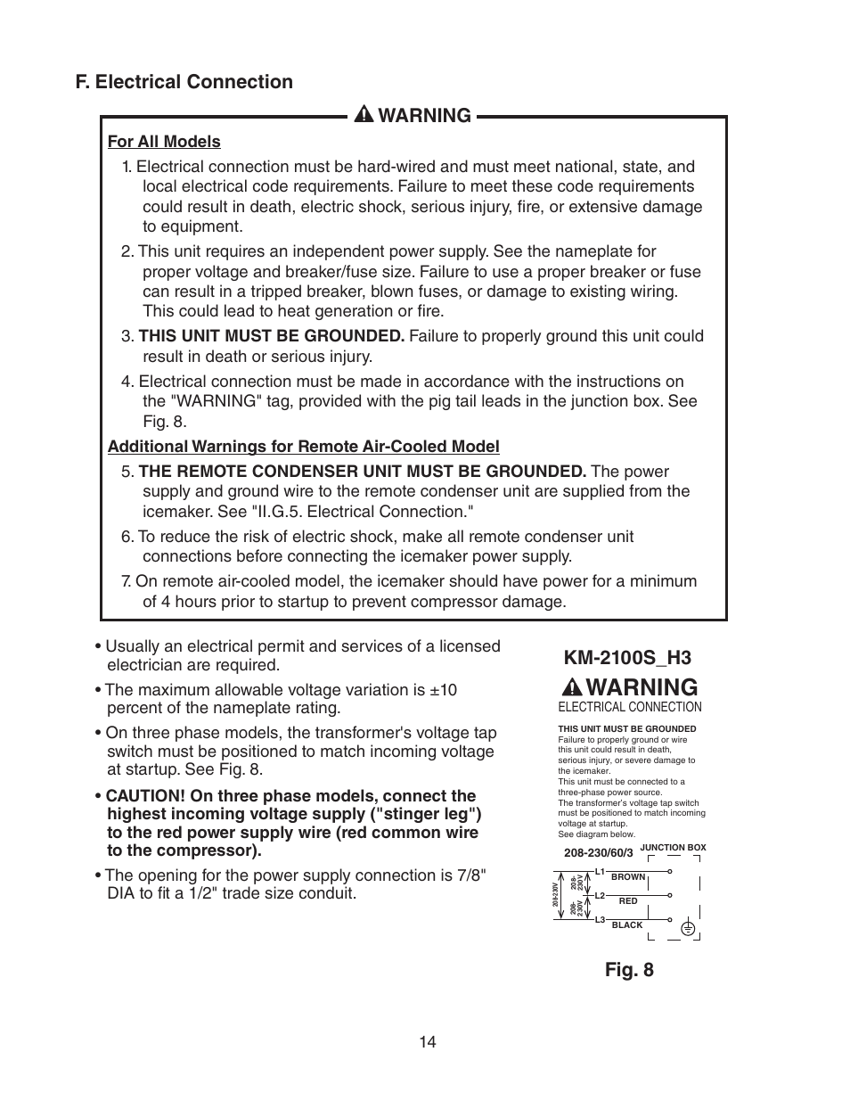 F. electrical connection, Warning, F. electrical connection warning | Fig. 8 | Hoshizaki STACKABLE CRESCENT CUBER KM-2100SWH3 User Manual | Page 14 / 32