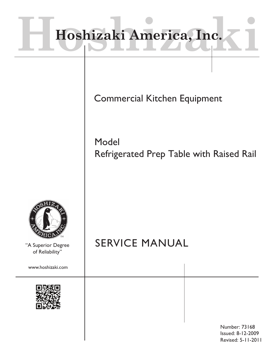 Hoshizaki REFRIGERATED PREP TABLE WITH RAISED RAIL 73168 User Manual | 66 pages