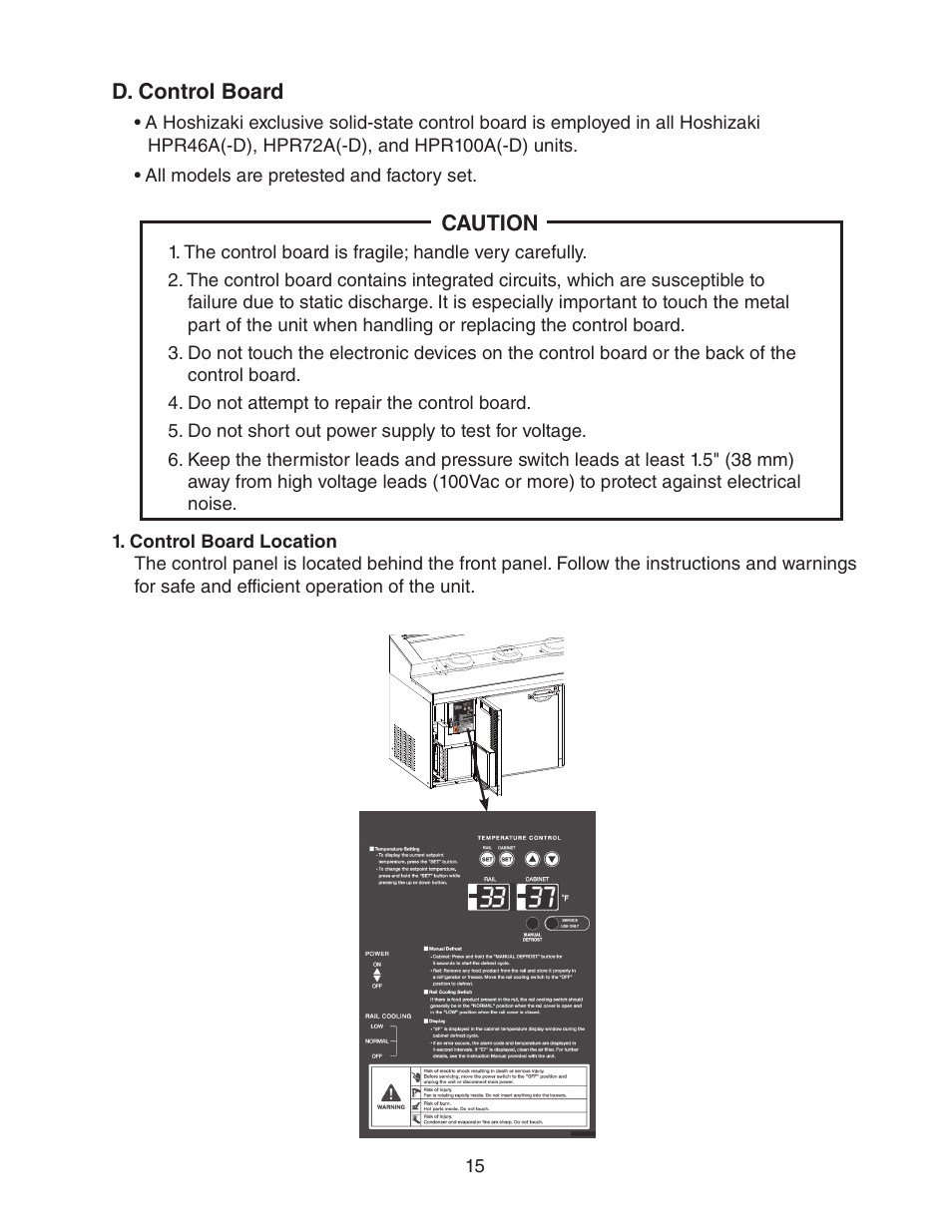 D. control board, Control board location | Hoshizaki REFRIGERATED PREP TABLE WITH RAISED RAIL 73168 User Manual | Page 15 / 66