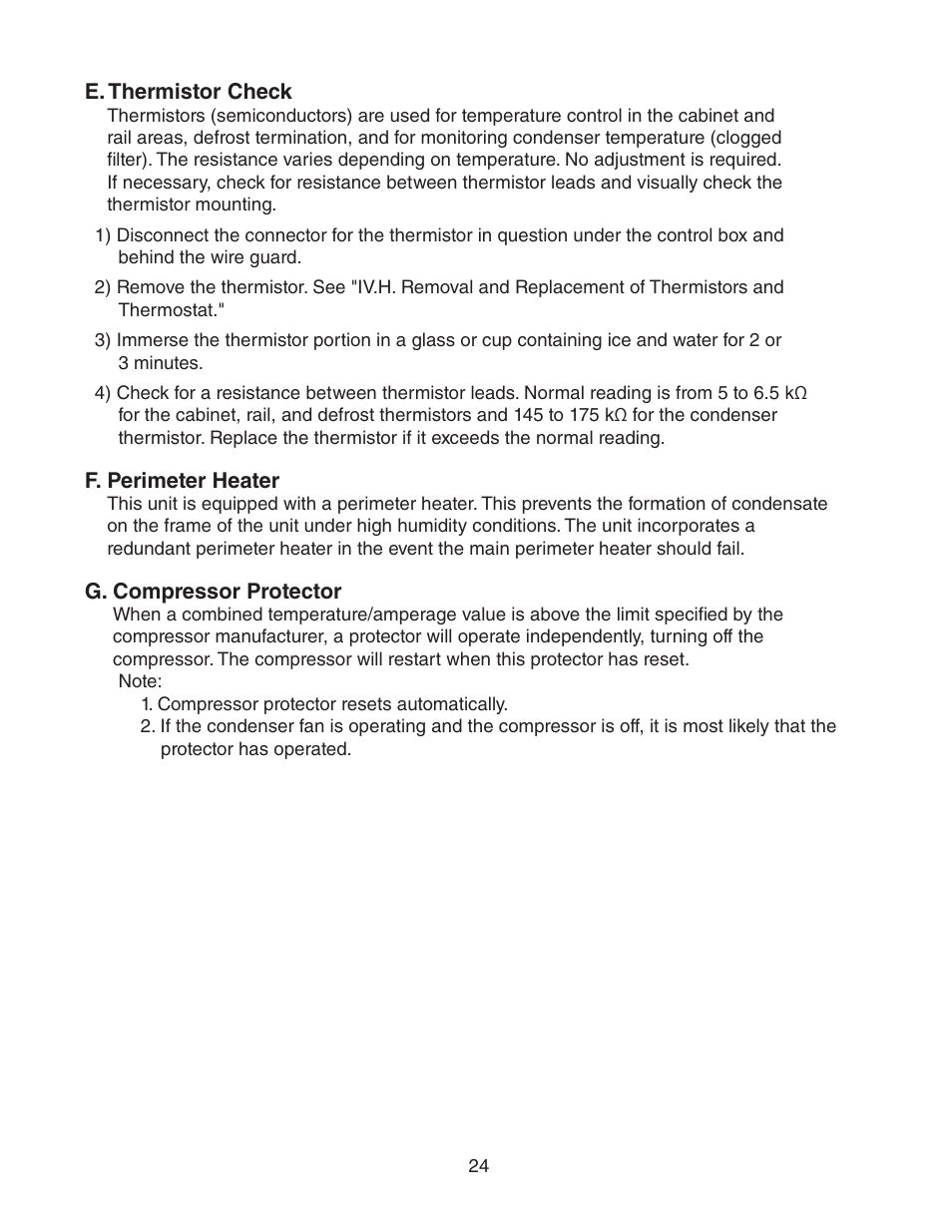 E. thermistor check, F. perimeter heater, G. compressor protector | Hoshizaki REFRIGERATED PREP TABLE WITH RAISED RAIL 73168 User Manual | Page 24 / 66