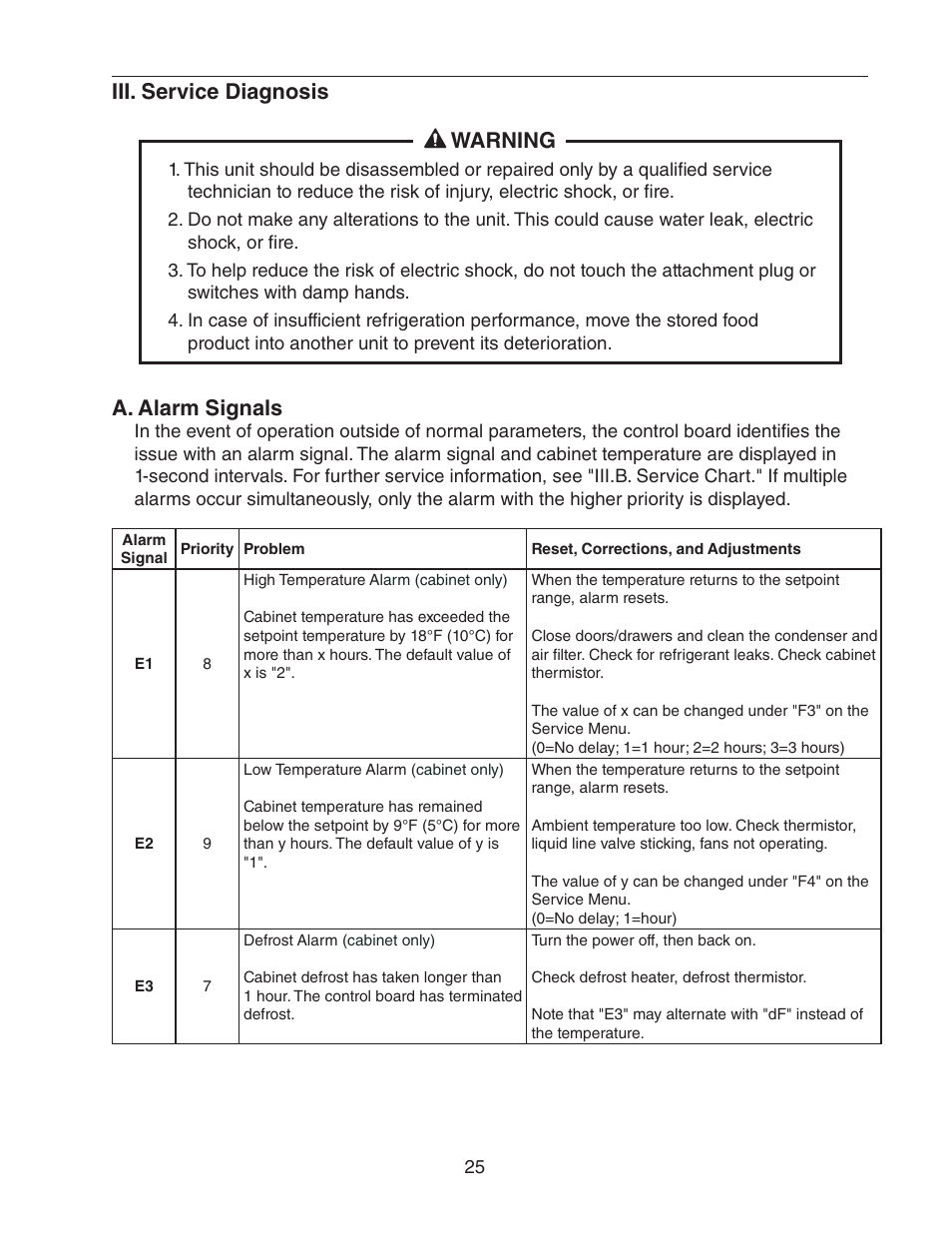 Iii. service diagnosis, A. alarm signals, Iii. service diagnosis warning | Hoshizaki REFRIGERATED PREP TABLE WITH RAISED RAIL 73168 User Manual | Page 25 / 66