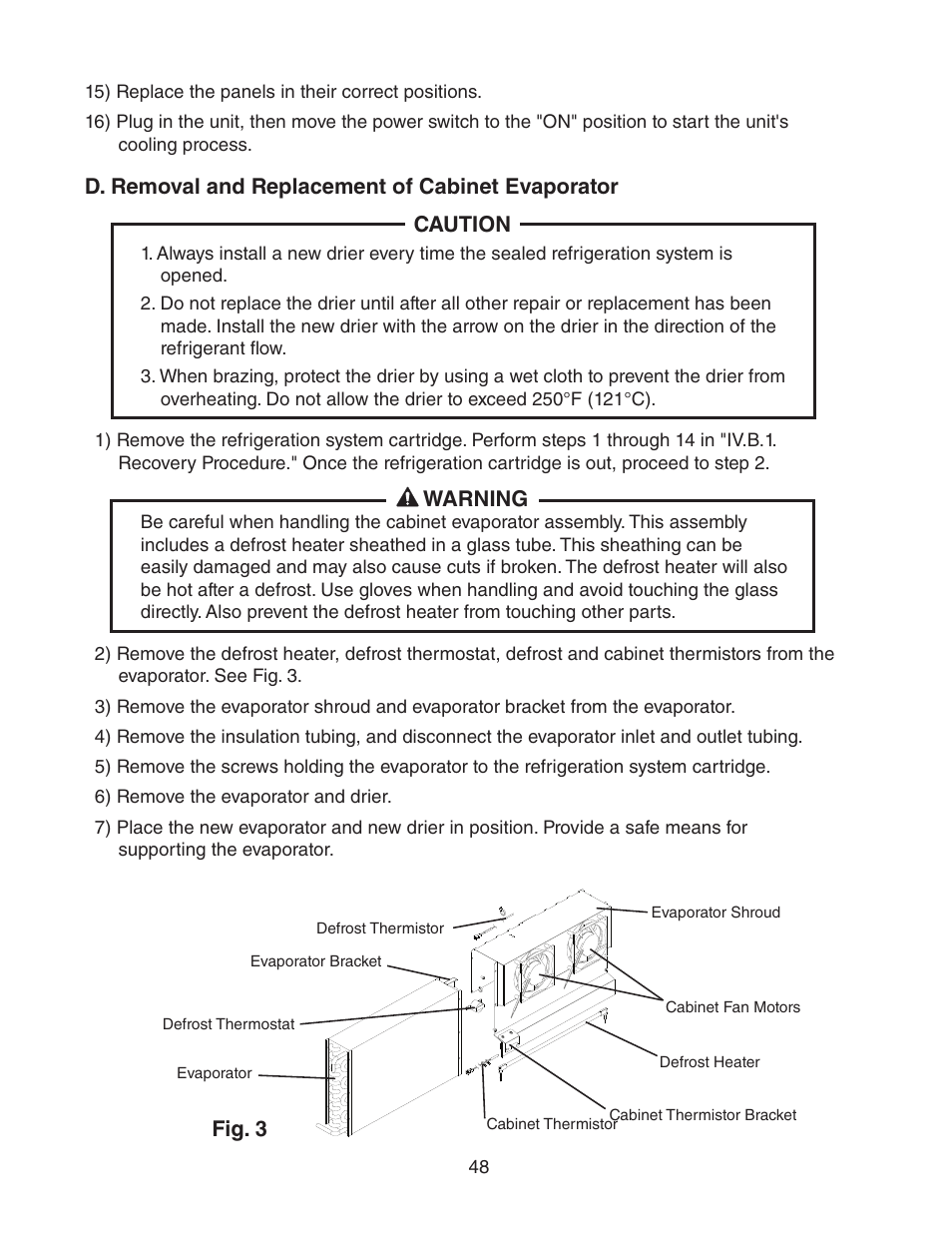 D. removal and replacement of cabinet evaporator, Warning, Fig. 3 | Hoshizaki REFRIGERATED PREP TABLE WITH RAISED RAIL 73168 User Manual | Page 48 / 66