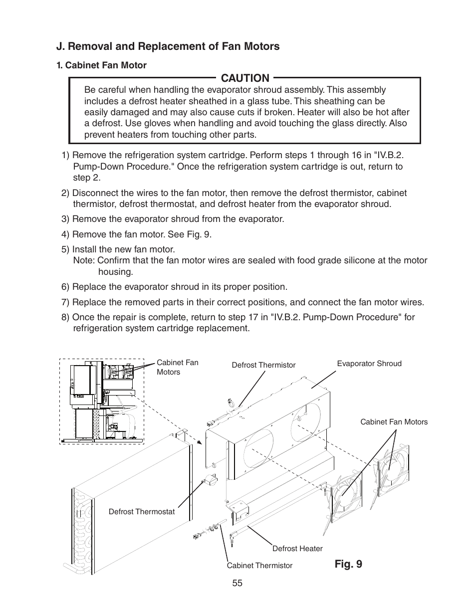 J. removal and replacement of fan motors, Cabinet fan motor, Caution | Fig. 9 | Hoshizaki REFRIGERATED PREP TABLE WITH RAISED RAIL 73168 User Manual | Page 55 / 66