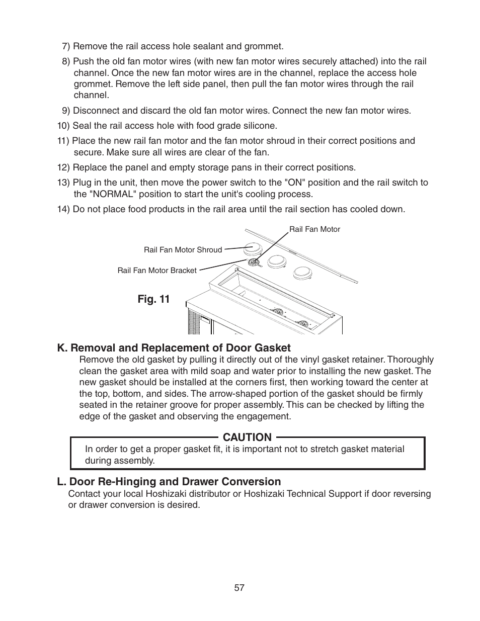 K. removal and replacement of door gasket, L. door re-hinging and drawer conversion | Hoshizaki REFRIGERATED PREP TABLE WITH RAISED RAIL 73168 User Manual | Page 57 / 66