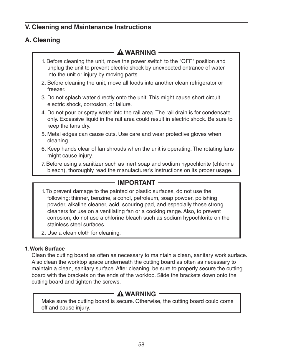 V. cleaning and maintenance instructions, A. cleaning, Work surface | Hoshizaki REFRIGERATED PREP TABLE WITH RAISED RAIL 73168 User Manual | Page 58 / 66