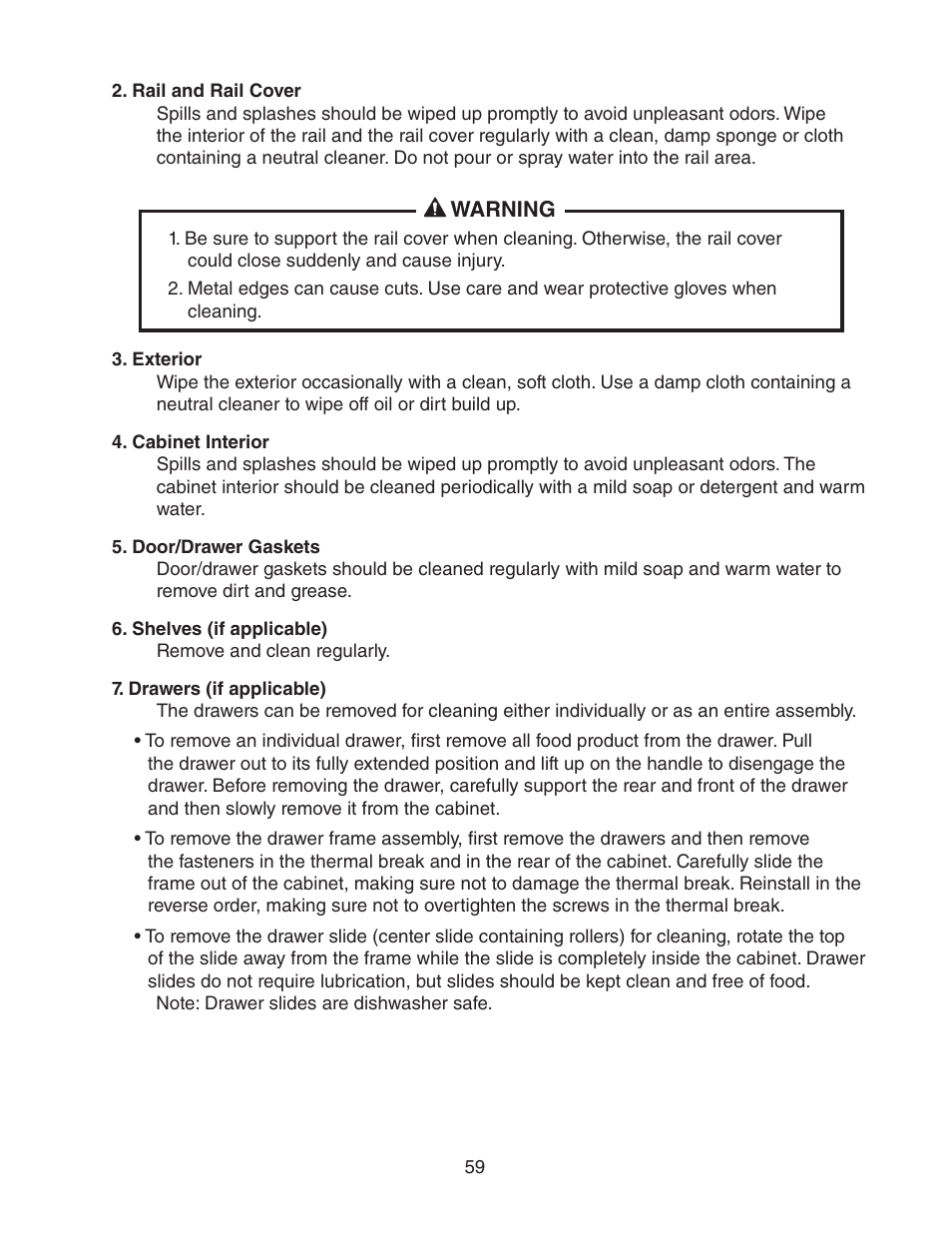 Rail and rail cover, Exterior, Cabinet interior | Door/drawer gaskets, Shelves (if applicable), Drawers (if applicable) | Hoshizaki REFRIGERATED PREP TABLE WITH RAISED RAIL 73168 User Manual | Page 59 / 66