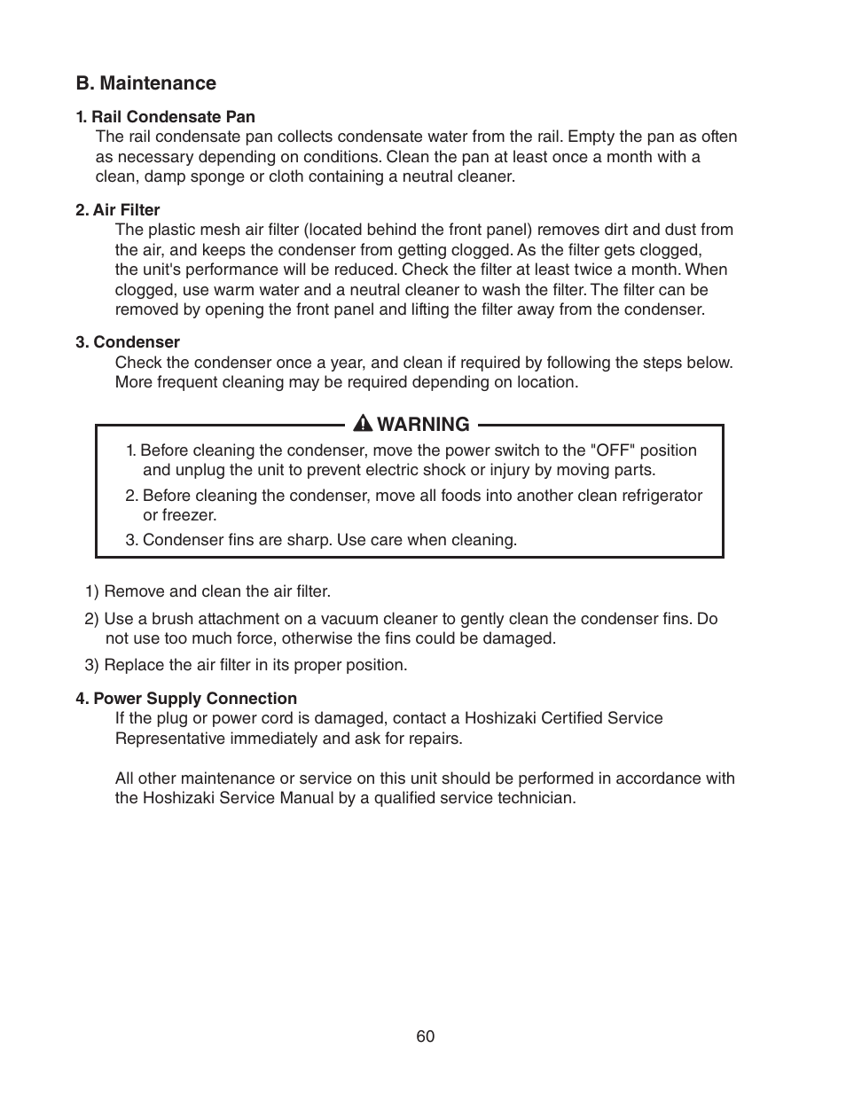 B. maintenance, Rail condensate pan, Air filter | Condenser, Power supply connection | Hoshizaki REFRIGERATED PREP TABLE WITH RAISED RAIL 73168 User Manual | Page 60 / 66