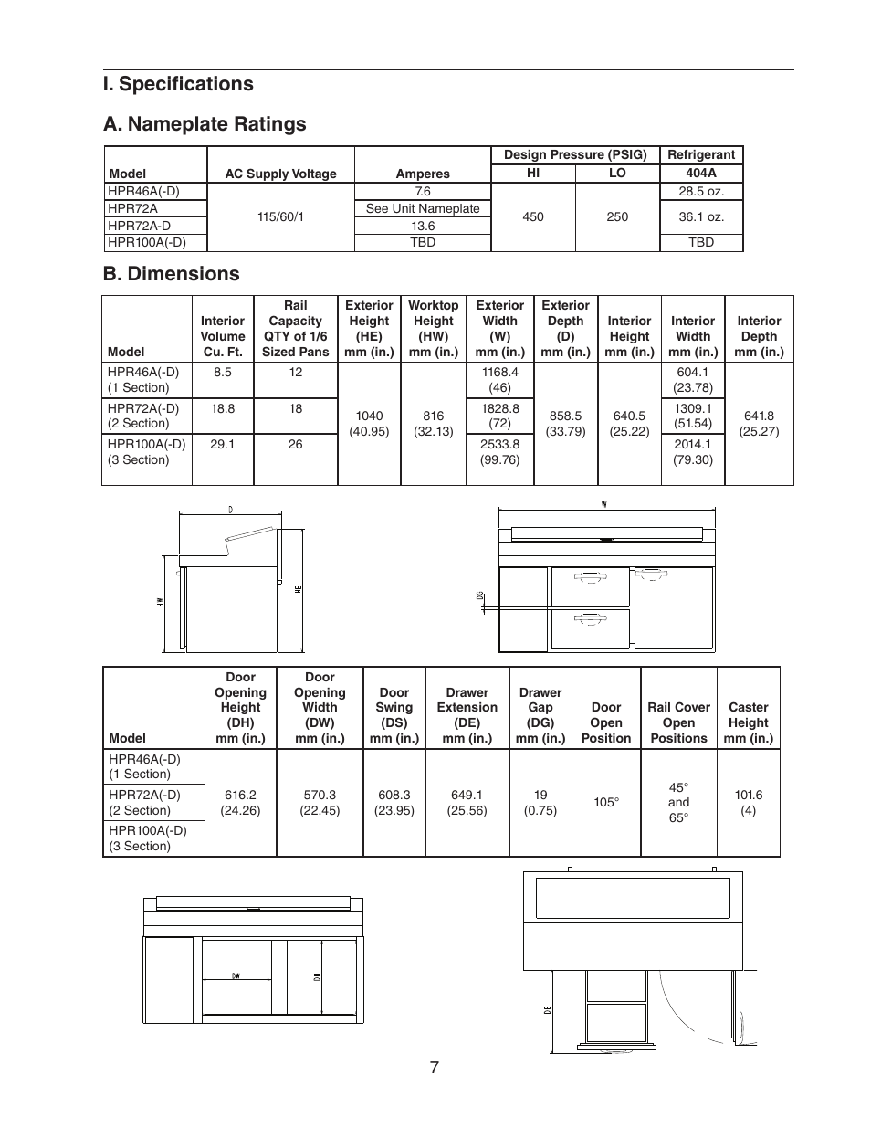 I. specifications, A. nameplate ratings, B. dimensions | A. nameplate ratings b. dimensions, I. specifications a. nameplate ratings | Hoshizaki REFRIGERATED PREP TABLE WITH RAISED RAIL 73168 User Manual | Page 7 / 66