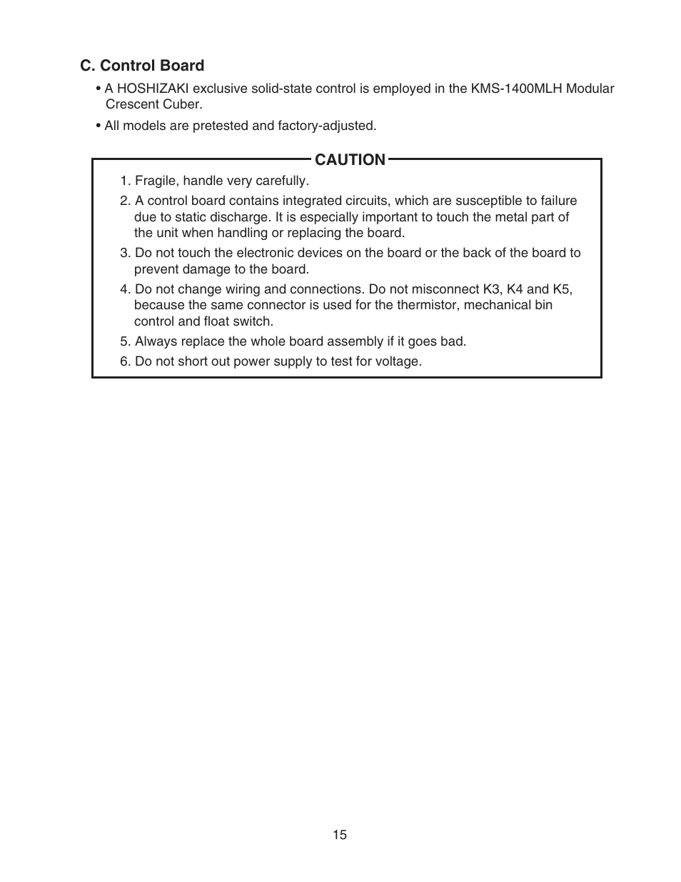 C. control board | Hoshizaki KMS-1400MLH User Manual | Page 15 / 56
